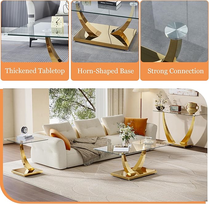 Modern Glass 3 Piece Living Room Table Set, Coffee Table Set with 1 Glass Coffee Table, 1 End Tables and 1 Console Table, Gold Horn-Shaped Stainless Steel Base for Living Room, Office