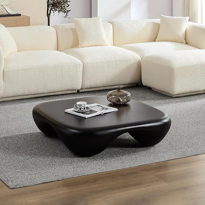 Cloud Square Modern Coffee Table, Heavy Duty Low Profile End Table with Stable 4-Leg Base and Strong Tempered Glass Top, Cream Style Sofa Side Table (Black Matte)