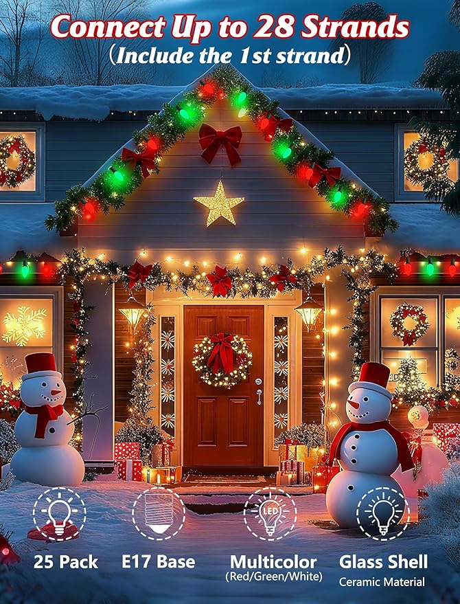 C9 LED Christmas String Lights Outdoor, 25Ft Red and Green Vintage Christmas Lights with 26 C9 Red/Green Bulbs, Outdoor Hanging Patio Light for Xmas Tree Path Roofline Wedding Party Decoration