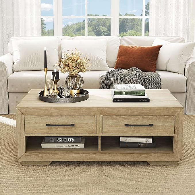 48" Coffee Table with 4 Storage Drawers and Open Shelf, Metal Handles, Solid Rectangular Modern Luxury Farmhouse Table for Living Room, Home Office, Natural