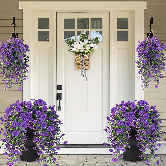 Sggvecsy Artificial Fake Hanging Flowers Plants for Outdoor Outside Spring Summer Decoration 2PCS Faux Silk UV Resistant Realistic Morning Glory with Eucalyptus for Home Porch Patio Balcony(Purple)