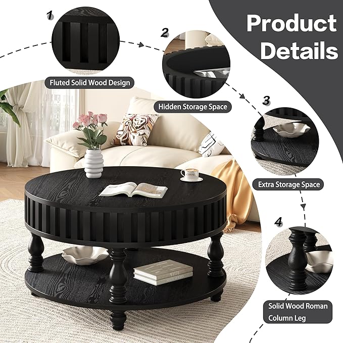 Homora Farmhouse Fluted Coffee Table with Hidden Storage, Rustic Round Center Table with Solid Wood Legs, Circle Wooden Tea Table for Small Space Living Room, 31.49''L × 31.49''W × 16.53''H, Black