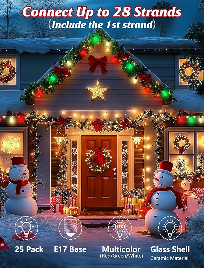 25Ft C9 LED Christmas Multicolor String Lights, Vintage Christmas Lights with 27 C9 Red/Green/White LED Bulbs, Outdoor Hanging Patio Light for Xmas Tree Path Roofline Wedding Party Decoration