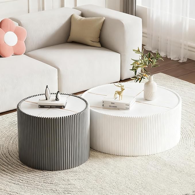 Round Living Room Table Set, 29.52" White Drum Center Table and 17.71" Grey Coffee Table Set, 2 Pieces Coffee Table Set with Sintered Stone Tabletop, Fluted PU Leather Covered and StableBase