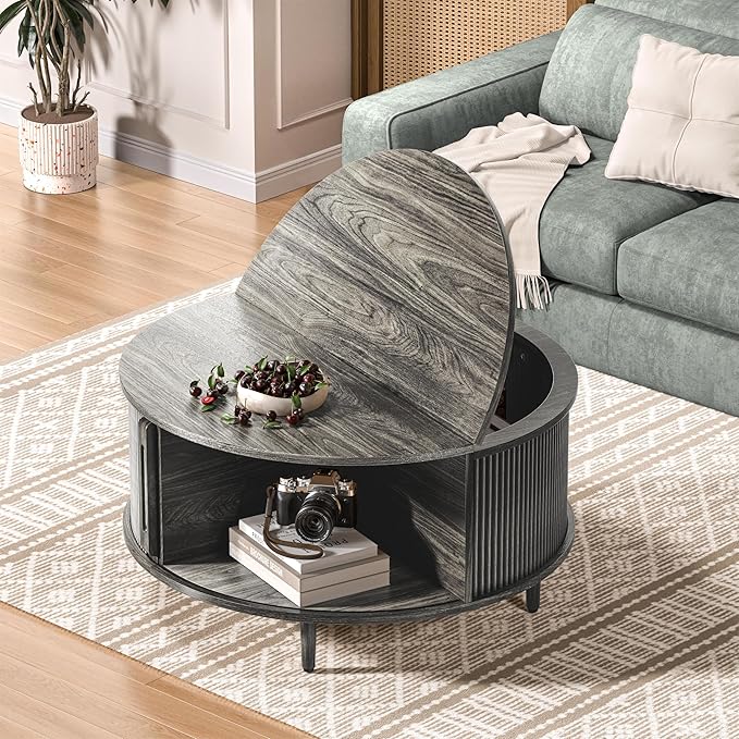 Round Coffee Table, 31.5" Fluted Center Table with Storage, Lift-Top Coffee Table with Adjustable Footpads, Sliding Door, Mid-Century Modern Center Table for Living Room, Small Space (Grey)