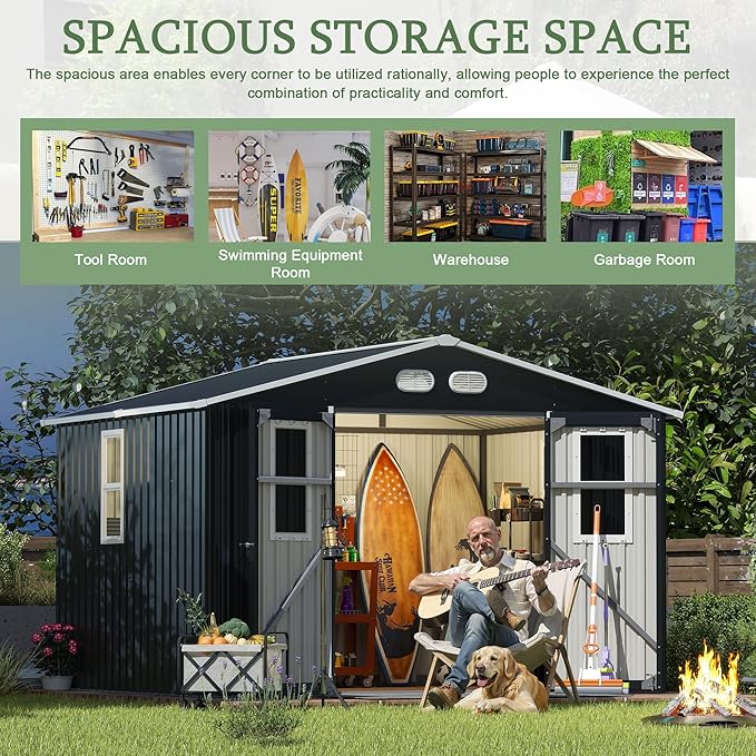 KEIKI Large 8x10 Metal Shed with Four Windows, Lockable Outdoor Storage Shed for Backyard, Tiny House Sheds, Metal Storage Shed for Tools & Equipment, Sheds and Outdoor Storage, Dark Gray
