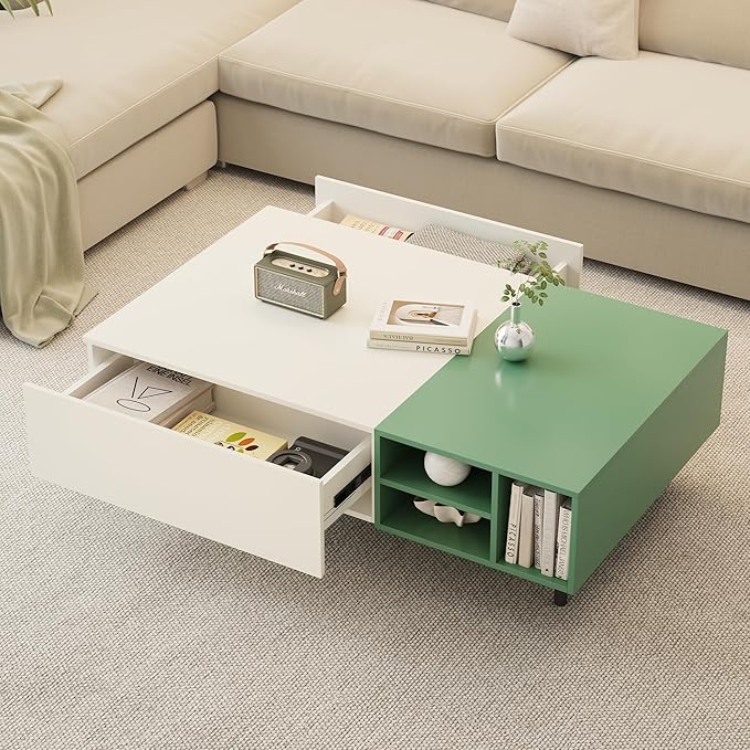 51.18" Modern Minimalist Coffee Table with Sliding Drawers & Open Storage Shelves, Storage Coffee Table for Apartment, Living Room,or Office, White & Green