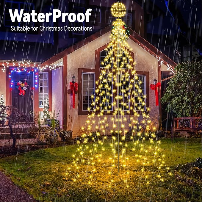 Flacchi 10 FT 432 LED Ball String Lights Outdoor - Pole Set with Remote, Multiple Lighting Modes, Timer, and Waterproof Feature for Ultimate Holiday Decor (Warm White & Multicolor)