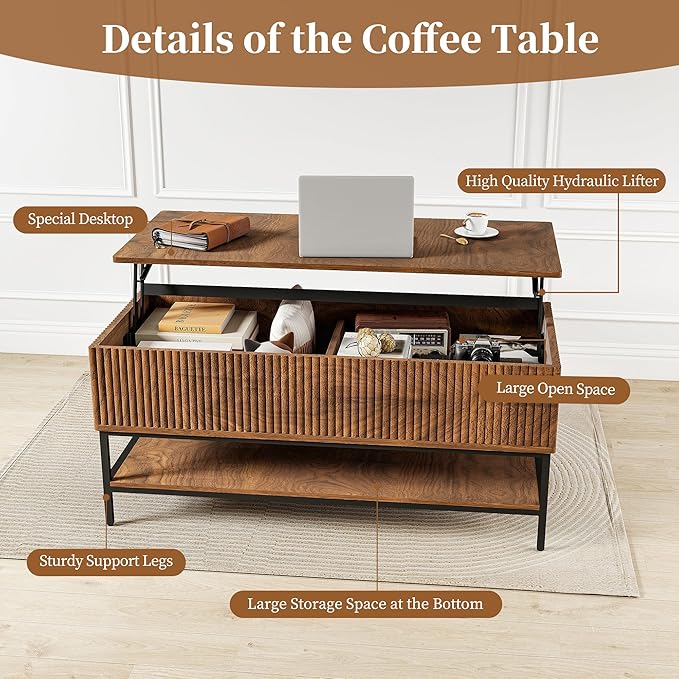 AQY Lift Top Coffee Table with Storage, 39.2" Modern Wooden Center Table with Hidden Compartment & Lower Shelf, Multifunctional Coffee Table for Living Room, Office,Assembly Required