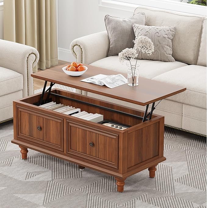 Lift Top Coffee Table with Storage, 39" Wood Rectangular Center Table with Lifting Top, Sturdy Space-Saving Dining Table for Living Room Home Office Small Space (Walnut)