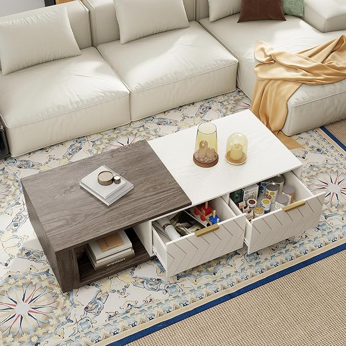 42"- 65" Extendable Coffee Table with Storage, Reversible Wood Coffee Table with 2 Drawers, Two-Tone Large Adjustable Center Table for Living Room, Office (Grey)