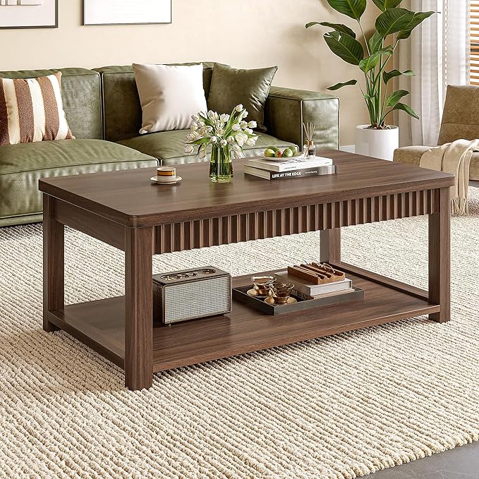 Coffee Table, 39 Inch Modern Coffee Tables for Living Room with 2-Tier Storage & Wave-Edge, Walnut Center Table for Bedroom/Office