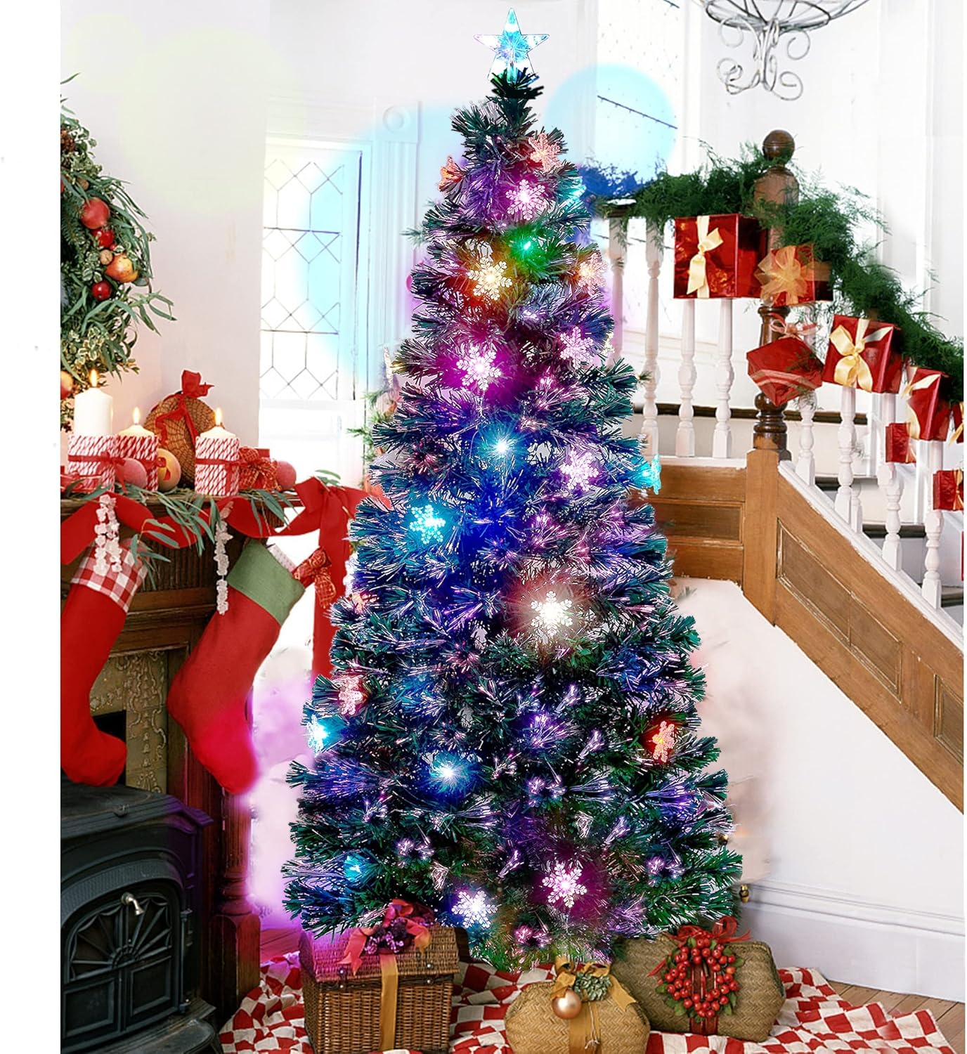 Juegoal 6 ft Pre-Lit Optical Fiber Christmas Artificial Tree, RGB Color Changing LED Lights, Snowflakes & Top Star, Fake Xmas Tree with Metal Legs