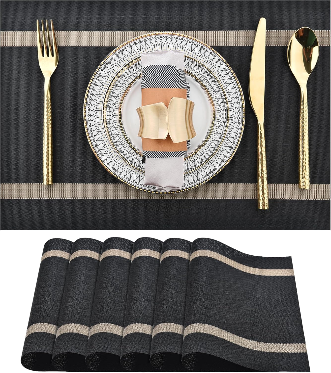 Black Placemats Set of 6 - Easy Clean Modern Durable Washable Vinyl Place Mats - Heat Resistant Placemats for Kitchen Table - PVC Table Mats for Dining Table (Black with Stripes, 6)
