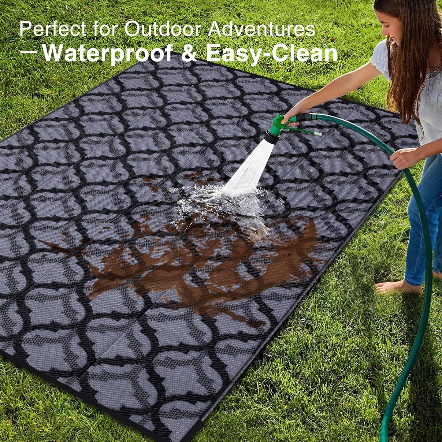 OLANLY Reversible Outdoor Rug 8x10 ft Clearance, Waterproof Outdoor Plastic Straw Rug with Interlacing Pattern, RV Mat for Patio, Camping, Balcony, Deck, Backyard, Black & Grey