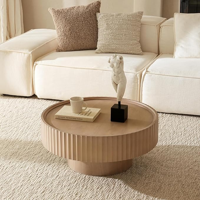 Round Coffee Table with Storage, 30.3” Fluted Drum Modern Living Room Table, Mushroom Shape Wood Gray Center Tables, Accent Coffee Tables for Living Room, Apartment(30.3''L×13.7''H)