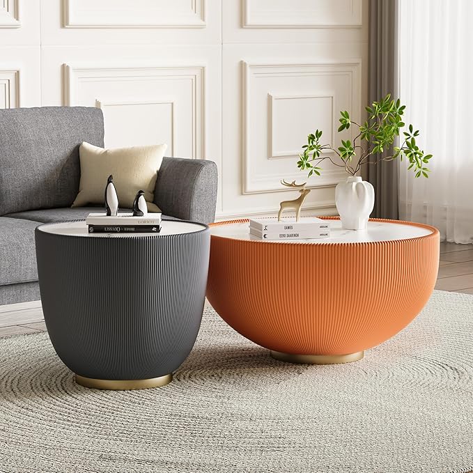 Round Living Room Table Set, 29.53" Orange Drum Center Table and 19.69" Grey Coffee Table Set, 2 Pieces Coffee Table Set with Sintered Stone Tabletop,Fluted PU Leather Covered and Metal Base