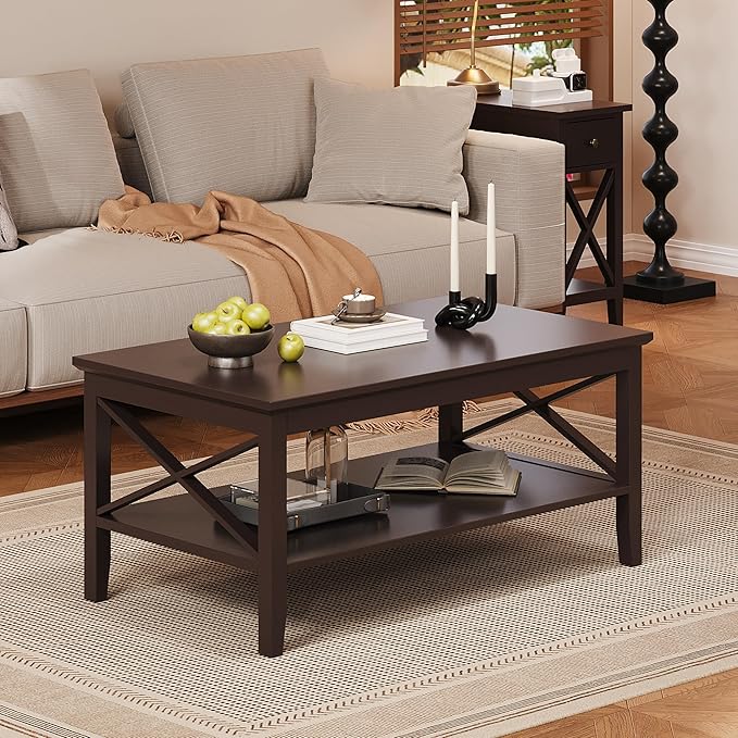 ChooChoo Coffee Table with Thicker Legs, Brown Wood Coffee Table with Storage for Living Room, 47 inch