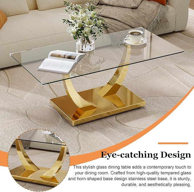 47" Glass Coffee Table, Modern Rectangular Center Table with Tempered Glass Top and Gold Horn-Shaped Stainless Steel Base for Apartment, Office