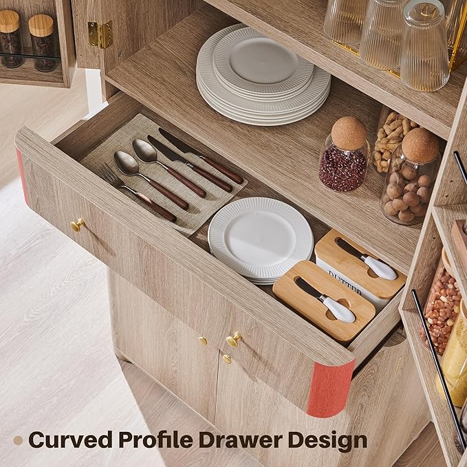 71" Tall Kitchen Pantry, Modern Curved Pantry Storage Cabinet with 4 Doors and 6 Adjustable Shelves, Cupboard for Kitchen, Dining Room, Living Room and Bathroom, Light Grey