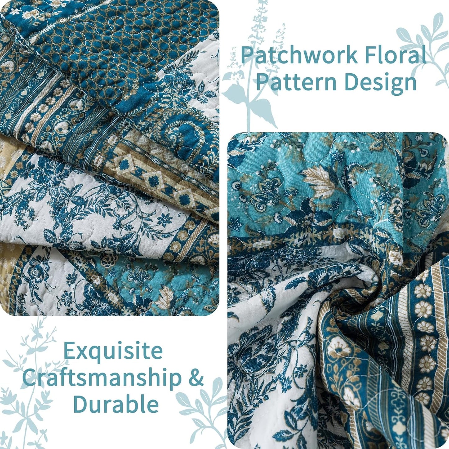 VAPUTAR Quilts Queen Size - 3 Piece Cotton Quilted Bedspread Coverlet, Soft Lightweight Quilted Bedding Set, Patchwork Boho Quilt with Pillowcovers Suitable for All Season and Room Decor (Dream Blue)