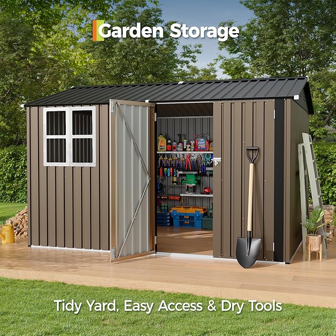 8x10 FT Outdoor Storage Shed,Metal Tool Shed with Clear Window, Lockable Doors,Large Garden Storage Box with Sloping Roof，Sheds&Outdoor Storage for Backyard Garden Patio Lawn, Brown