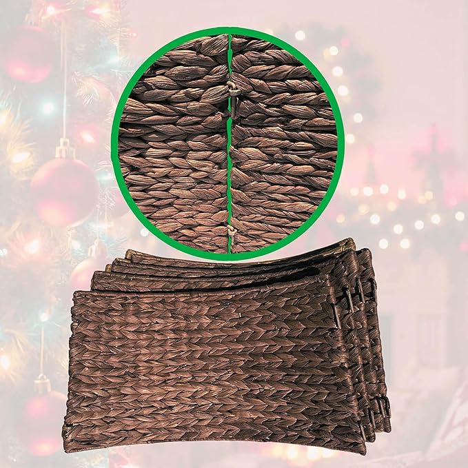 Handwoven Christmas Tree Collar – Natural Water Hyacinth Rattan Ring, Rustic Boho Holiday Decoration for Artificial Trees, Cozy Farmhouse Look (27 inch, Brown Wash)