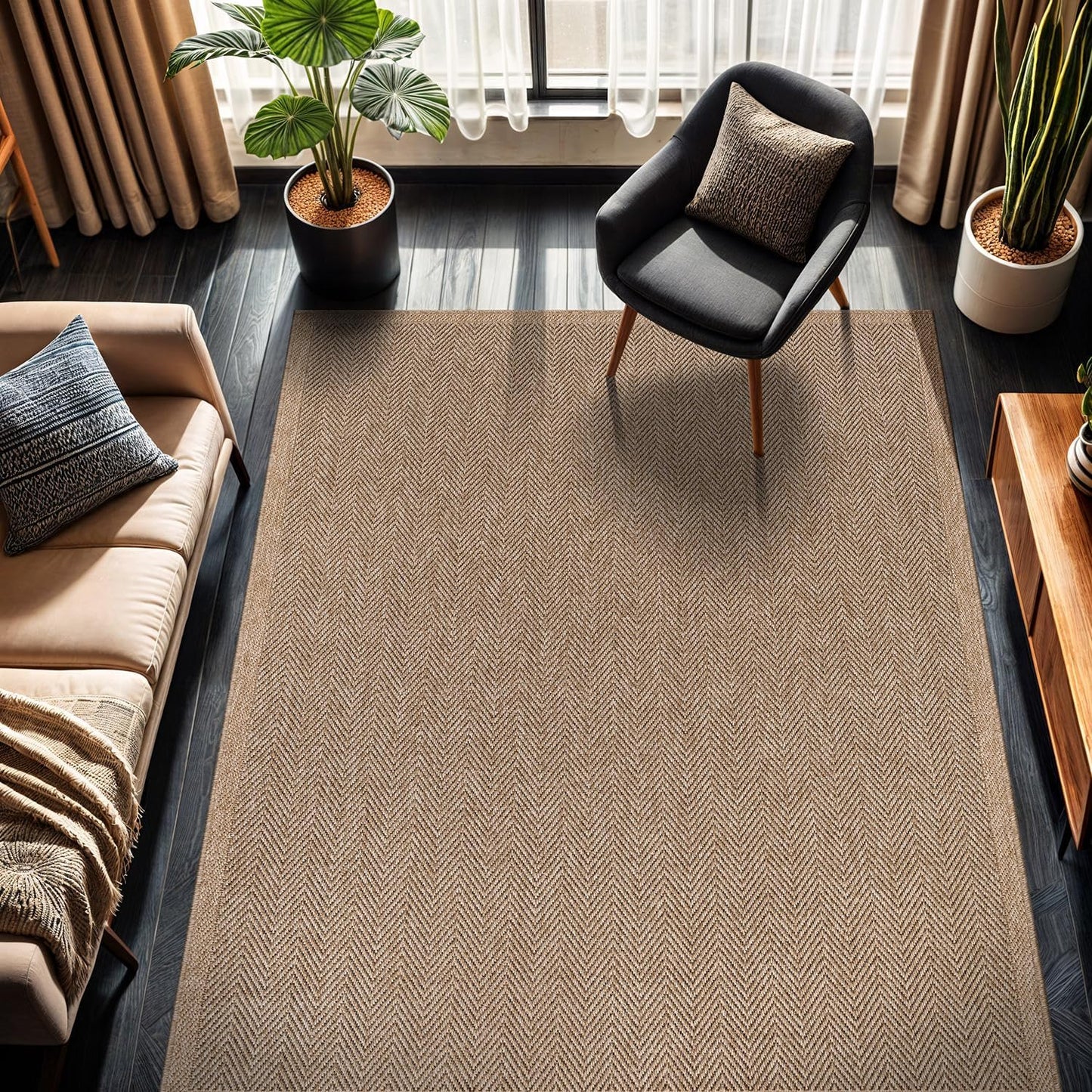 CAMILSON Easy Jute Rug 10x14, Indoor Outdoor Natural Color Fiber Area Rugs for Living Room Patio and Kitchen Rug Herringbone Woven Design Easy-Cleaning Washable Outside Carpet Alfombras 10 x 14