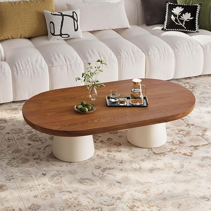 Oval Modern Coffee Table - Minimalist Wooden Coffee Table with White Stable Legs, 51.2" Center Table for Living Room, Apartment, Office, Walnut