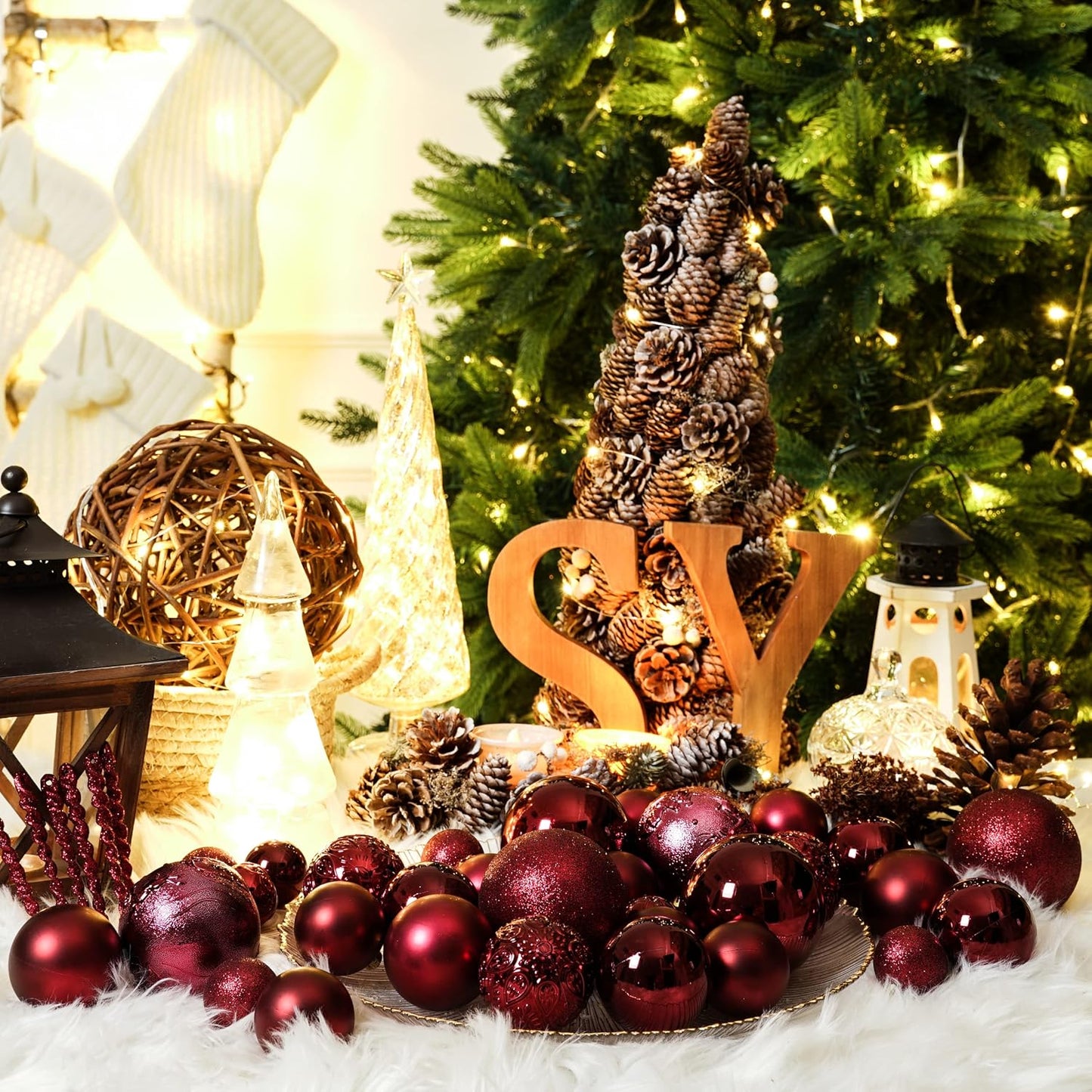 Christmas Ball Ornaments for Christmas Decorations - 41 Pieces Xmas Tree Shatterproof Ornaments with Hanging Loop for Holiday and Party Decoration (Wine Red)