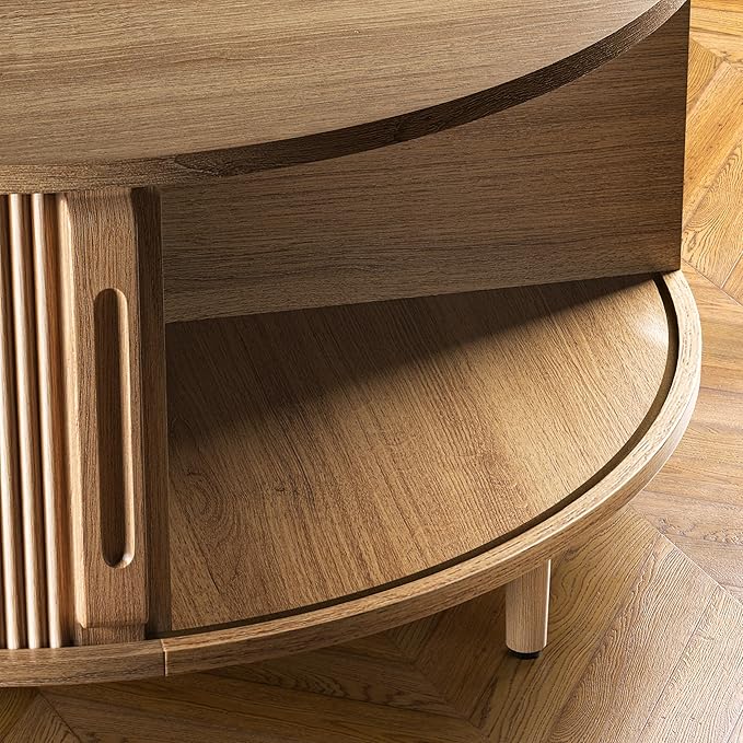 Round Coffee Table, 31.5" Fluted Center Table with Storage, Lift-Top Coffee Table with Adjustable Footpads, Sliding Door, Mid-Century Modern Center Table for Living Room, Small Space (Nature)
