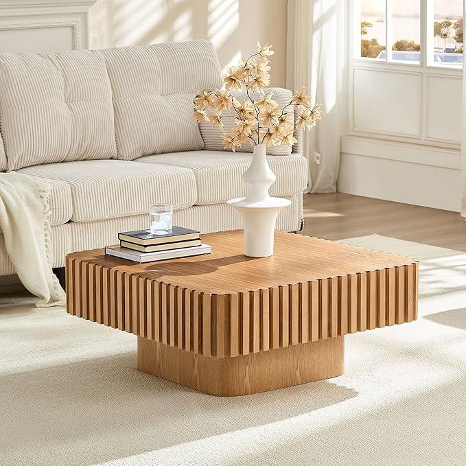 31.5" Square Coffee Table with Sturdy Base, Modern Luxury Wood Drum Center Tables,Small Wooden Accent with MDF, for Living Room, Minimalist Fluted Design-Natural