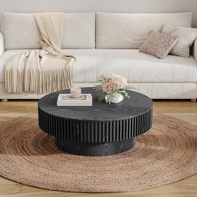 31.5" Round Coffee Table with Hidden Storage Compartment, Modern Handcraft Fluted Drum Coffee Table, Wooden Circle Center Table Cocktail Tea Table with Sturdy Pedestal for Living Room, Black