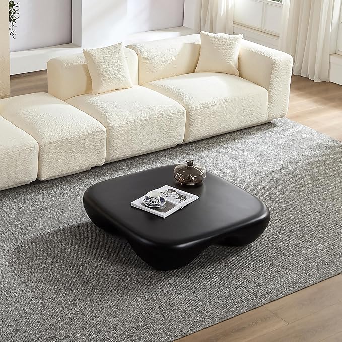 Cloud Square Modern Coffee Table, Heavy Duty Low Profile End Table with Stable 4-Leg Base and Strong Tempered Glass Top, Cream Style Sofa Side Table (Black Matte)