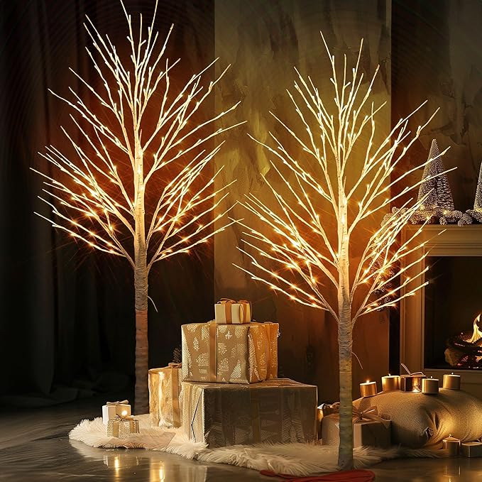 TW SHINE 2 Pack Lighted Birch Tree, 4 FT Total 96 LED Pre-lit Artificial Christmas Trees for Thanksgiving Christmas Decorations Indoor Outdoor Home Festival Wedding Party, Warm White