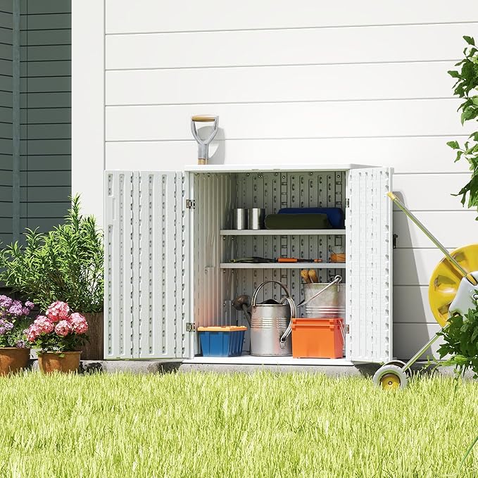 EHHLY Heavy Duty Small Storage Cabinet Outdoor Weatherproof, 14 Cuft Garage Storage Cabinet with 2 Adjustable Shelves, Lockable Kitchen Pantry Closer Organizer, 31Wx23Lx34H, Polar White