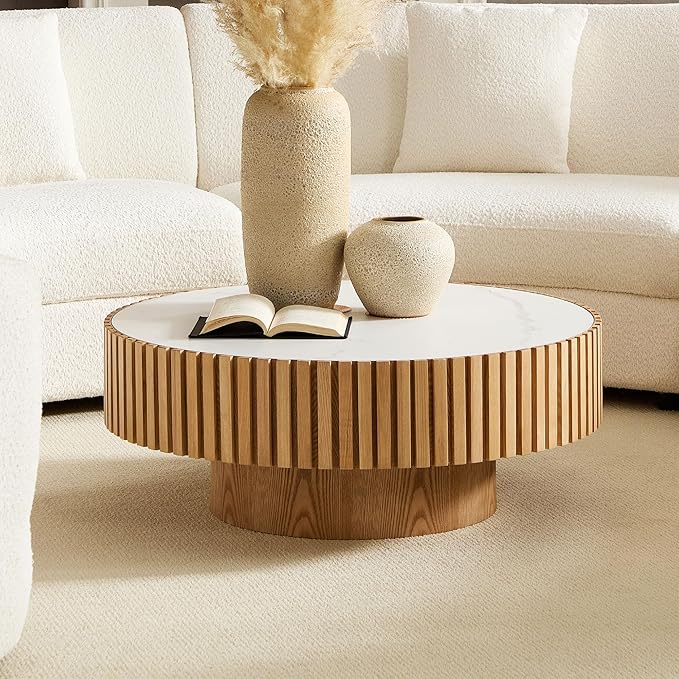 35.43'' Round Coffee Table with Faux Marble Tabletop, Modern Drum Center Coffee Tables Luxury Circle Coffee Table for Bedroom,Apartment,Living Room-Natural