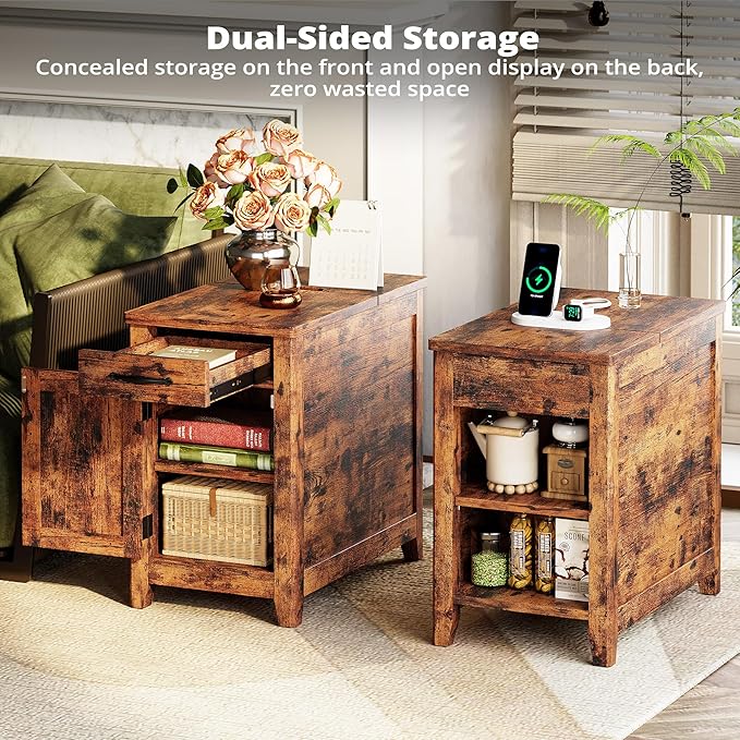 IRONCK End Table with Charging Station, Narrow Side Table for Living Room, Farmhouse Night Stand for Bedroom, Beside Table with Storage and Drawer for Home, Vintage Brown