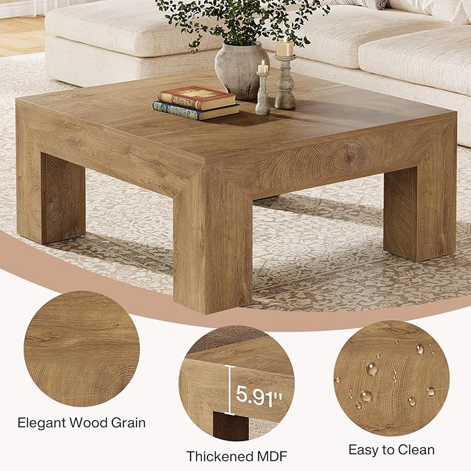 Tribesigns 39.4-Inch Square Coffee Table for Living Room, Farmhouse All MDF Center Cocktail Tea Table with Sturdy Wooden Legs, Easy Assembly, Yellow Brown