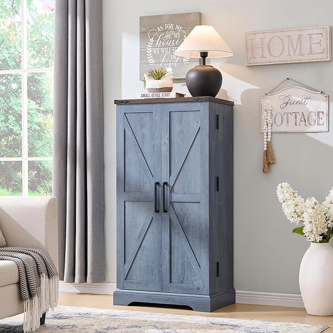 ACCOHOHO 47" Kitchen Pantry, Farmhouse Storage Cabinet with Barn Doors, Organizer and Adjustable Shelves, Rustic Wood Cupboard for Kitchen, Dining Room, Bathroom and Hallway, Rustic Blue