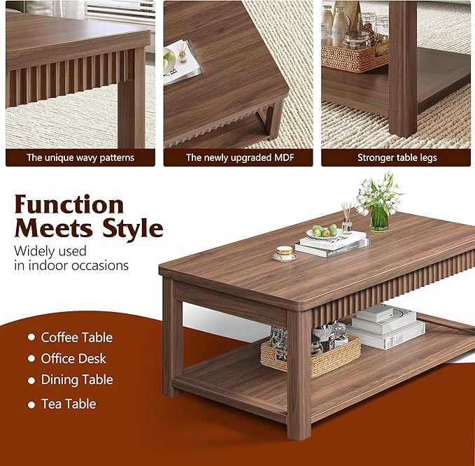 Coffee Table, 39 Inch Modern Coffee Tables for Living Room with 2-Tier Storage & Wave-Edge, Walnut Center Table for Bedroom/Office