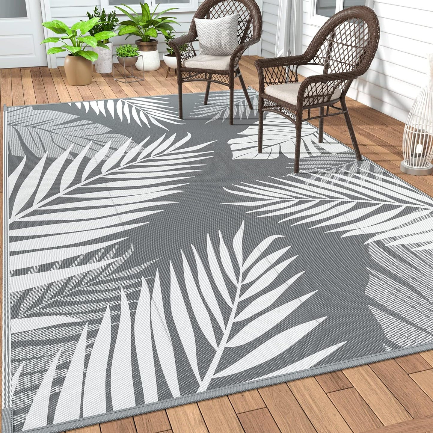 GENIMO Outdoor Rug 4' x 6' Waterproof for Patios Clearance, Reversible Outdoor Plastic Straw Camping Rug Carpet, Large Area Rugs Mats for RV, Camper, Deck, Balcony, Porch, Beach, Picnic, Grey&White