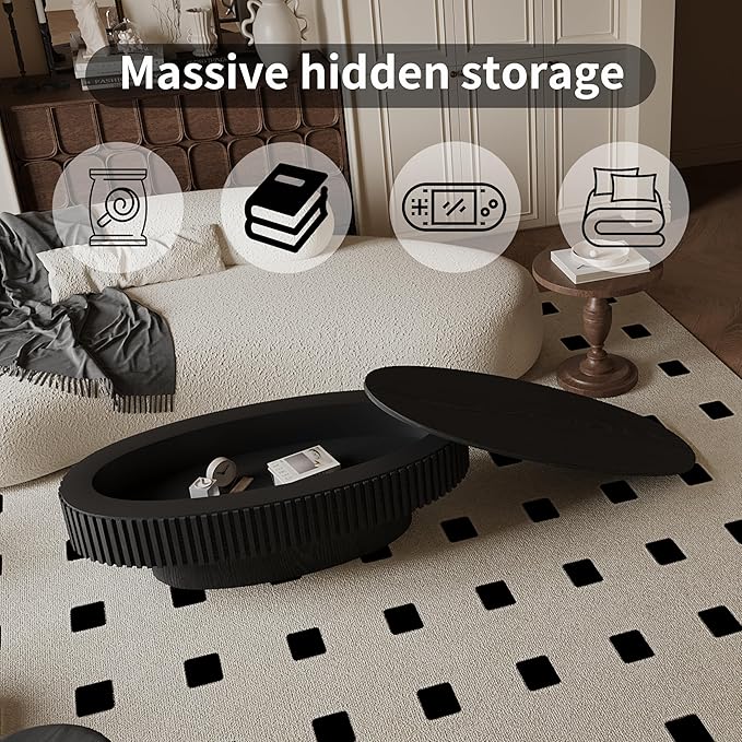 47" Oval Coffee Table with Hidden Storage Compartment, Modern Handcraft Fluted Drum Coffee Table, Wooden Oval Center Table Cocktail Tea Table with Sturdy Pedestal for Living Room, Black