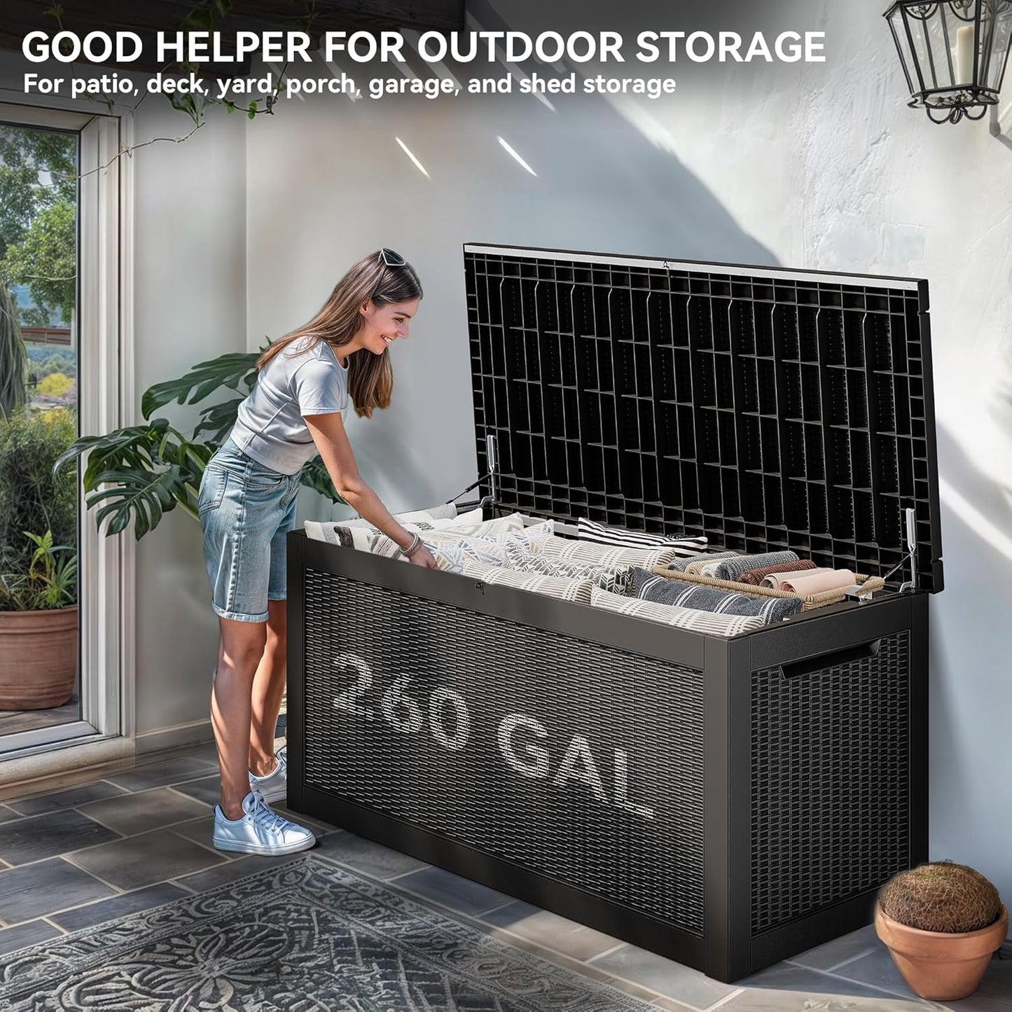 YITAHOME 260 Gallon Outdoor Storage Box, Large Water Resistant Resin Deck Box, Indoor Outdoor Lockable Storage Container for Patio, Garden, Cushions, Tools, Equipment(Black)