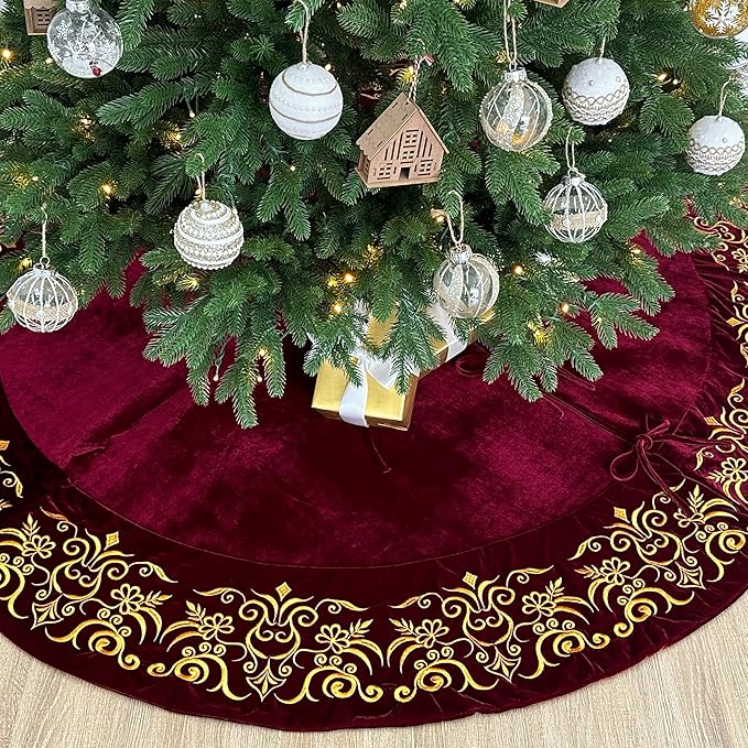 72-Inch Victorian Velvet Christmas Tree Skirt with Gold Damask Embroidery and Plush Lace Ties, Burgundy