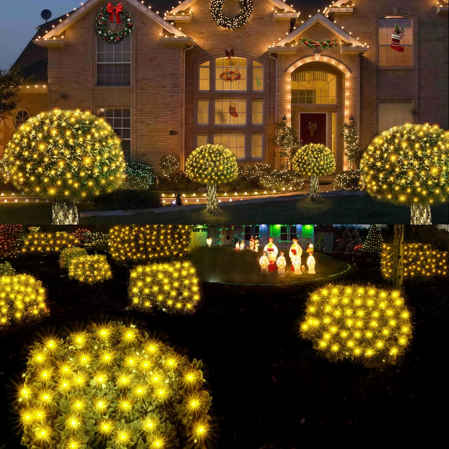 WBao Outdoor Christmas Lights, 360LED 11.5ft x 6.9ft Net Lights with 8 Modes, Timer, UL Certified, End to End Connectable, Waterproof for Lawn, Bushes, Trees Outdoor Christmas Decorations, Warm White
