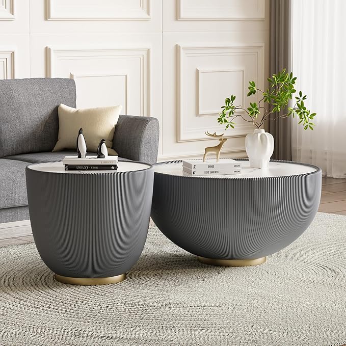 Round Living Room Table Set, 27.56" Grey Drum Center Table and 19.69" Grey Coffee Table Set, 2 Pieces Coffee Table Set with Sintered Stone Tabletop, Fluted PU Leather Covered and Metal Base