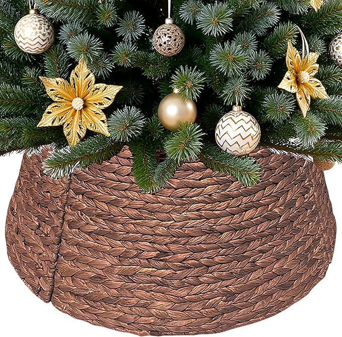 Handwoven Christmas Tree Collar – Natural Water Hyacinth Rattan Ring, Rustic Boho Holiday Decoration for Artificial Trees, Cozy Farmhouse Look (27 inch, Brown Wash)