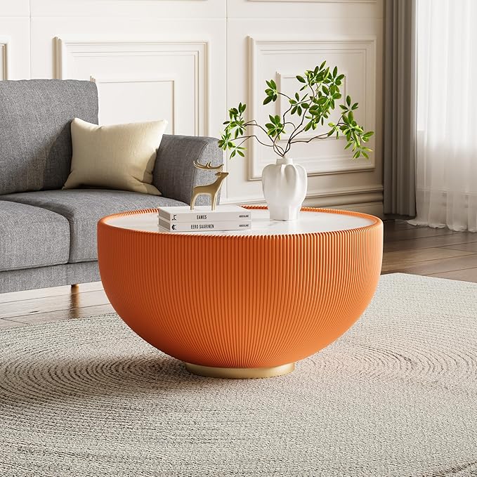 Round Living Room Table Set, 29.53" Orange Drum Center Table and 19.69" Grey Coffee Table Set, 2 Pieces Coffee Table Set with Sintered Stone Tabletop,Fluted PU Leather Covered and Metal Base