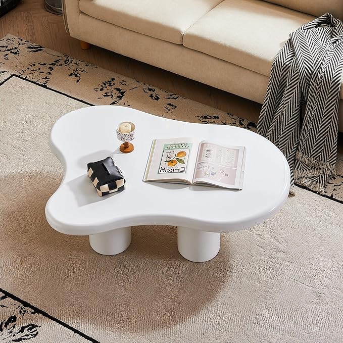 48 Inch Cloud Coffee Table, Modern White Coffee Table for Living Room, Large Wood Coffee Side Table with Irregular Tabletop and 4 Sturdy Legs for Home Office Bedroom